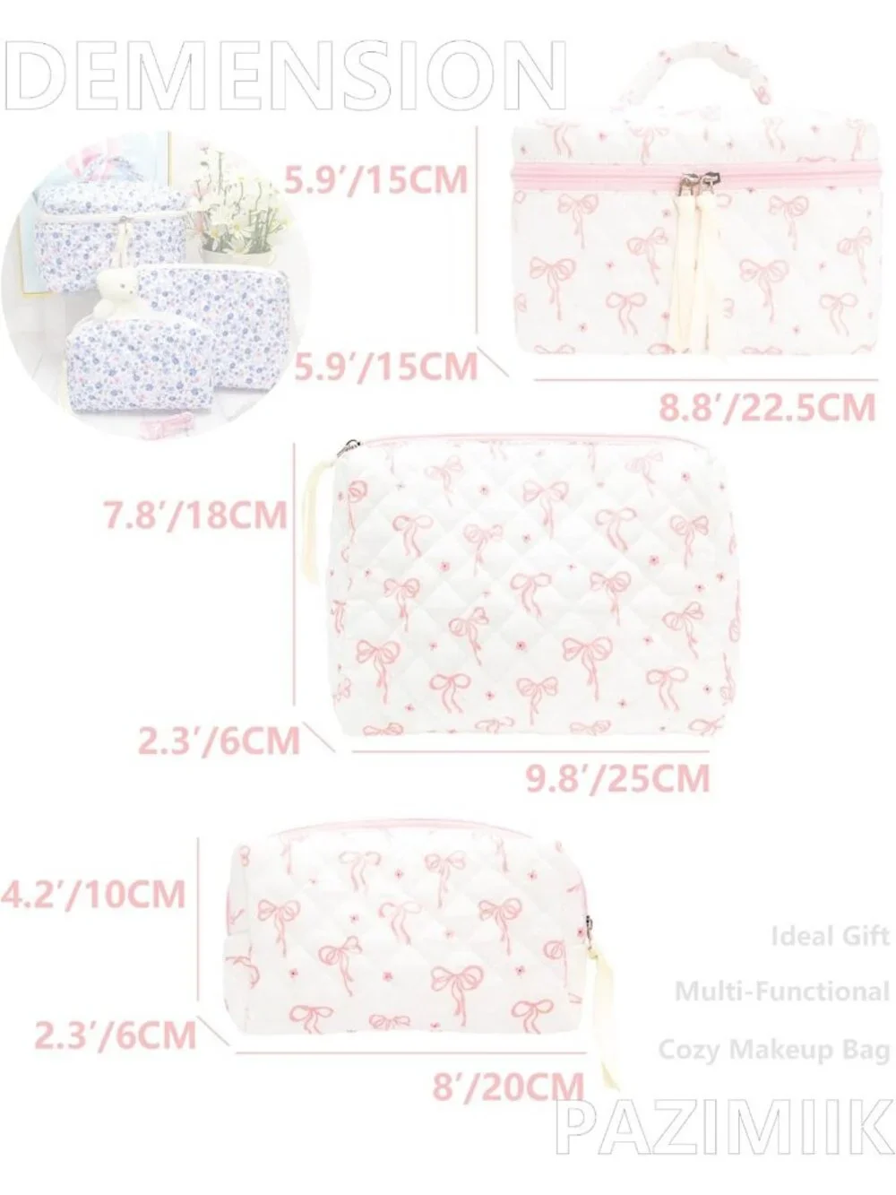 3 Piece Quilted Makeup Bag Set - Cute Zipper Organizer for Cosmetics, Toiletries